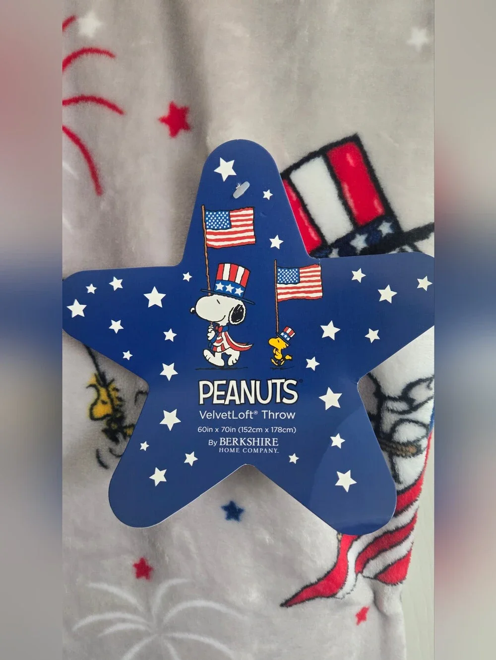 Peanuts Plush Throw Blanket - Grey, Blue, Red, White, Patriotic Usa Flag